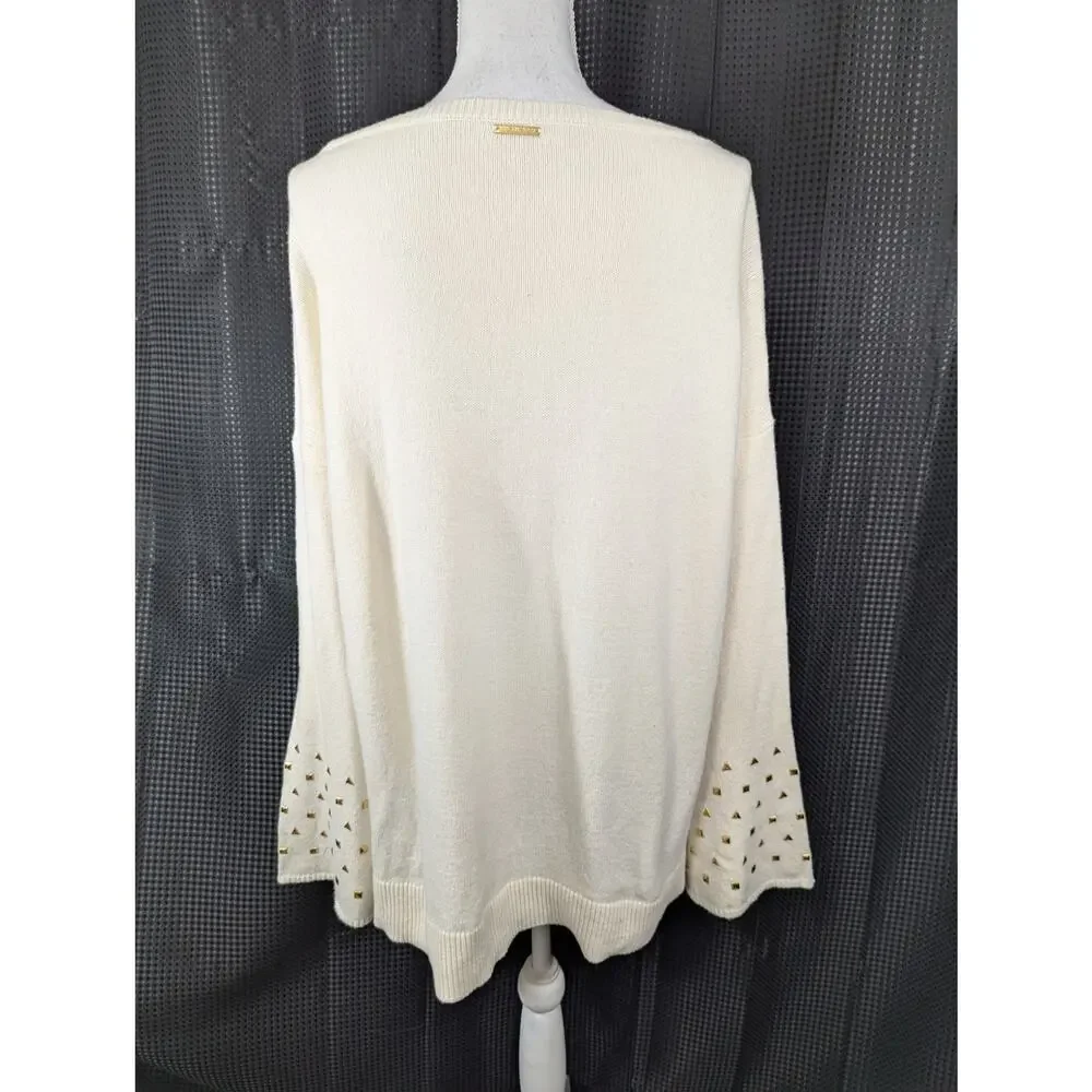 MICHAEL KORS! VANILLA CREAM BELL SLEEVE GOLD STUDDED SCOOP SWEATER! SZ XL - Picture 5 of 10